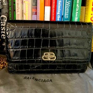 Authentic Balenciaga Croc-Embossed Black Leather Shoulder Bag